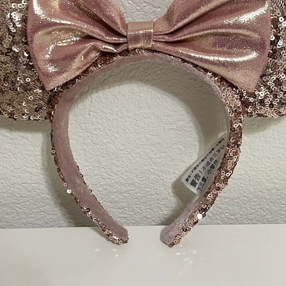Disney Parks Minnie Mouse Ears Rose Gold Champagne Bow Sequin Headband